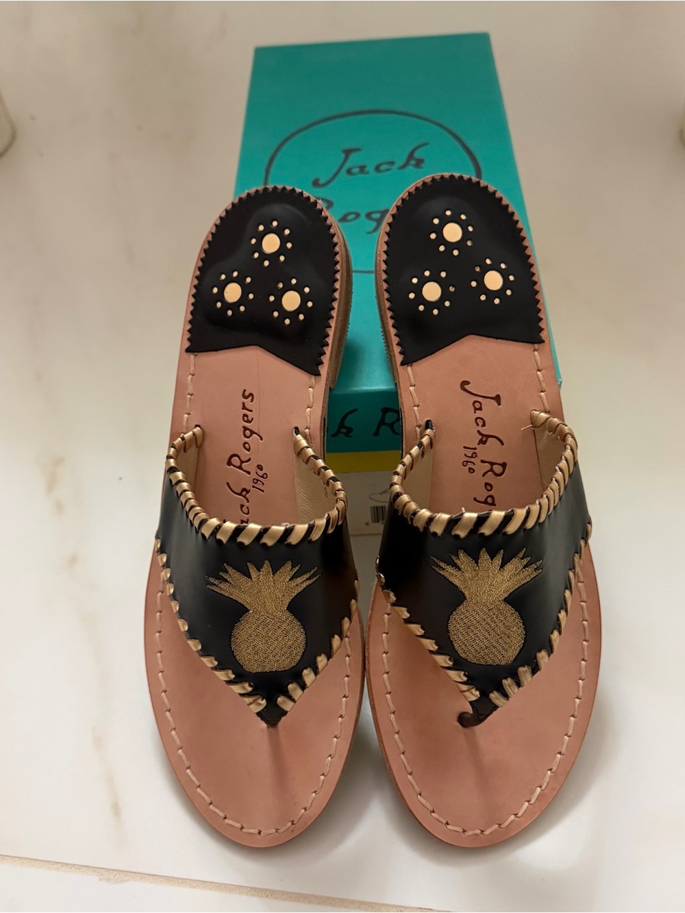 Jack Rogers Black Leather Pineapple Embroidered Sandals